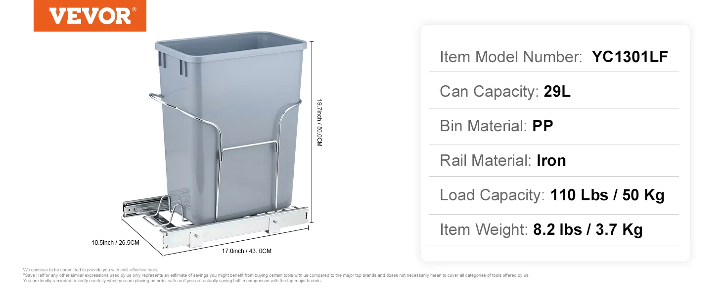 VEVOR pull-out trash can yc1301lf, 29l pp bin, iron rail, 110 lbs capacity, 17x10.5x19.7 inches.