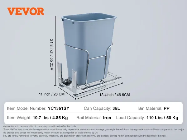 VEVOR pull-out trash can, model yc1351sy, 35l bin, pp material, iron rails, 110 lbs load capacity.
