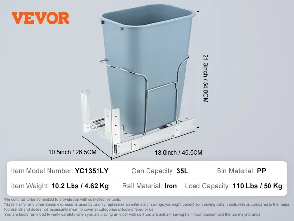 VEVOR pull-out trash can with 35l capacity, iron rail, and pp bin.