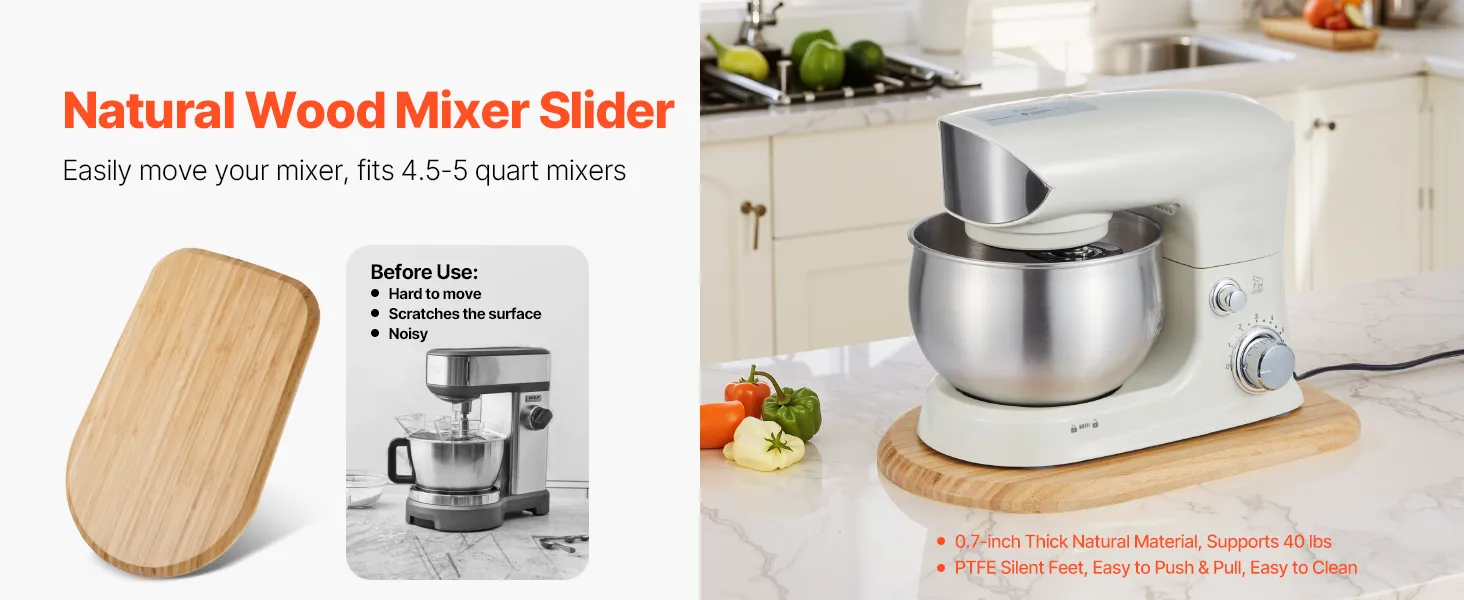 VEVOR Mixer Slider, Oval 14.5 x 9.4-inch, Appliance Slider Compatible with Tilt Head 4.5-5 Qt Stand Mixer, PTFE Feet, Kitchen Countertop Storage Mover Sliding Tray, Natural Wood