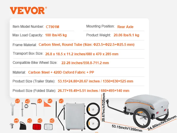 VEVOR-Fahrradanhänger mit Hinterachshalterung, Rahmen aus Karbonstahl, Tragkraft 100 lbs, komplettes Set.
