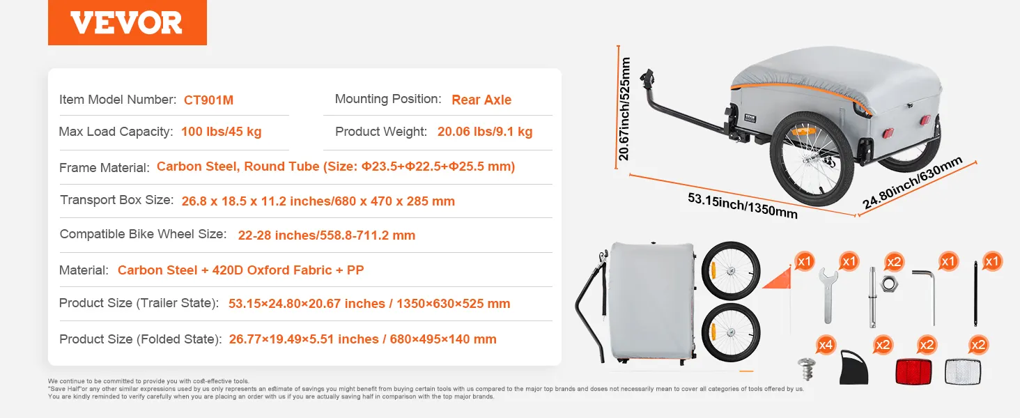 VEVOR-Fahrradanhänger mit Hinterachshalterung, Rahmen aus Karbonstahl, Tragkraft 100 lbs, komplettes Set.