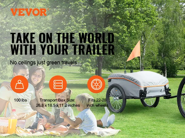 VEVOR-Fahrradanhänger für umweltfreundliches Reisen, passend für 22-28-Zoll-Räder, mit 100 lbs Tragkraft und einer Boxgröße von 26,8 x 18,5 x 11,2 Zoll.