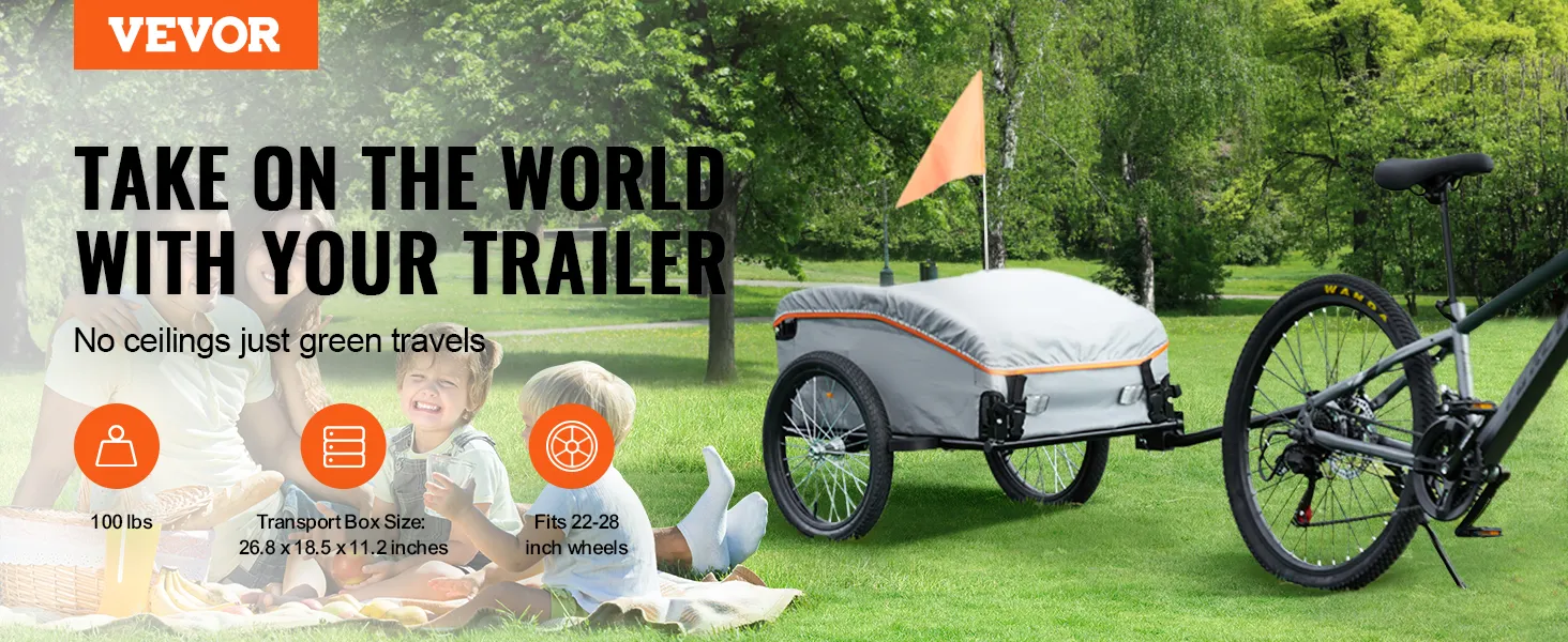 VEVOR-Fahrradanhänger für umweltfreundliches Reisen, passend für 22-28-Zoll-Räder, mit 100 lbs Tragkraft und einer Boxgröße von 26,8 x 18,5 x 11,2 Zoll.