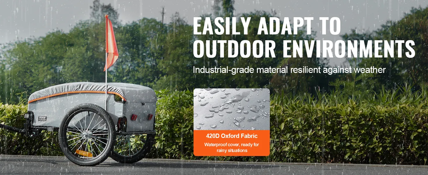 VEVOR-Fahrradanhänger mit Regen- und wasserdichter Stoffabdeckung sowie rostfreiem, pulverbeschichtetem Rahmen für lange Haltbarkeit.