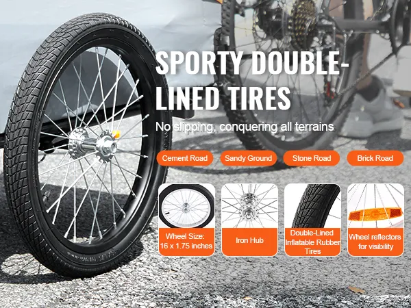 VEVOR-Fahrradanhänger mit sportlichen Doppelreifen für stabile Fahrten auf unterschiedlichem Gelände.