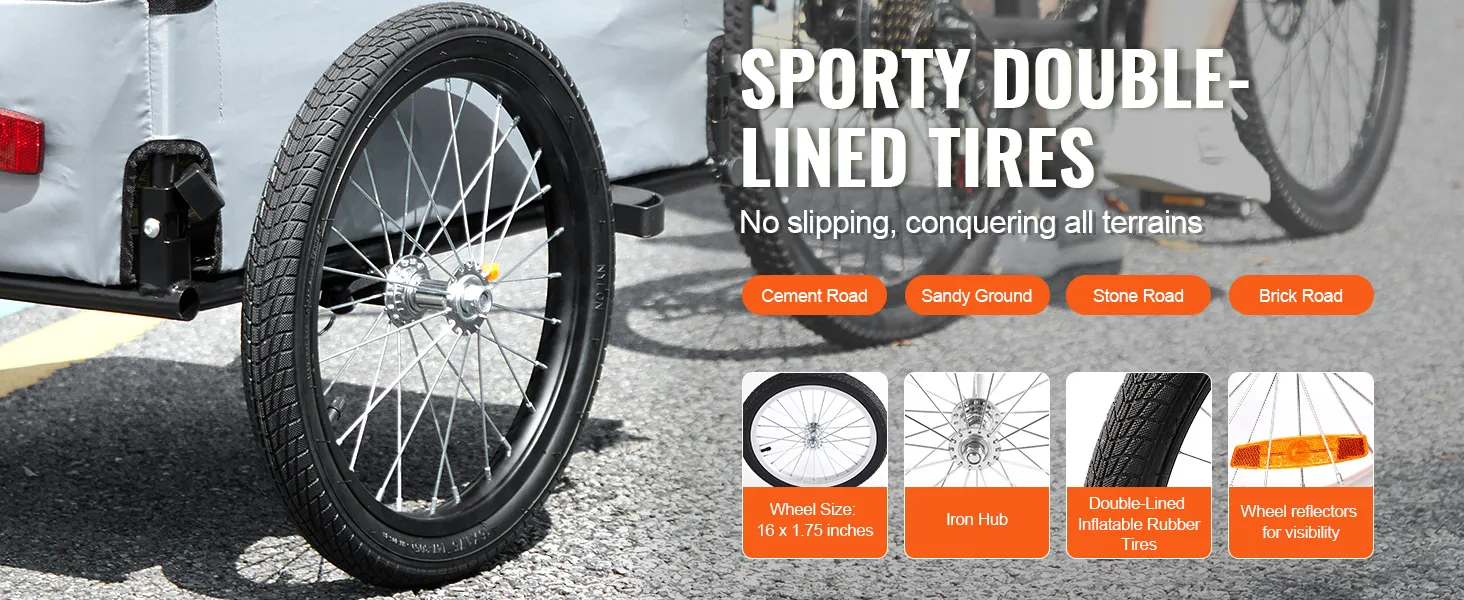 VEVOR-Fahrradanhänger mit sportlichen Doppelreifen für stabile Fahrten auf unterschiedlichem Gelände.