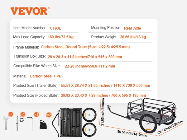 VEVOR-Fahrradanhänger mit Rahmen aus Karbonstahl, maximale Tragkraft 72,2 kg, Hinterachsmontage, faltbares Design.