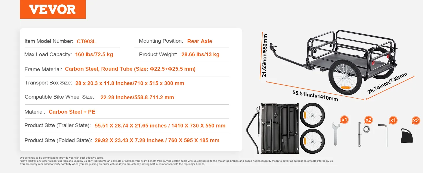 VEVOR-Fahrradanhänger mit Rahmen aus Karbonstahl, maximale Tragkraft 72,2 kg, Hinterachsmontage, faltbares Design.