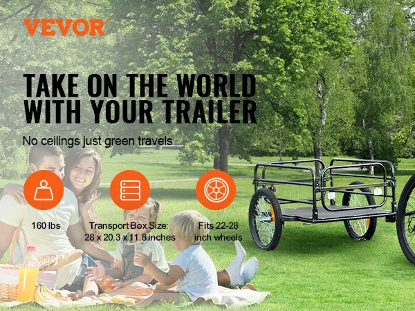 VEVOR-Fahrradanhänger im Park mit der Familie, verfügt über eine Tragkraft von 72,3 kg und ist mit 22-28-Zoll-Rädern kompatibel.