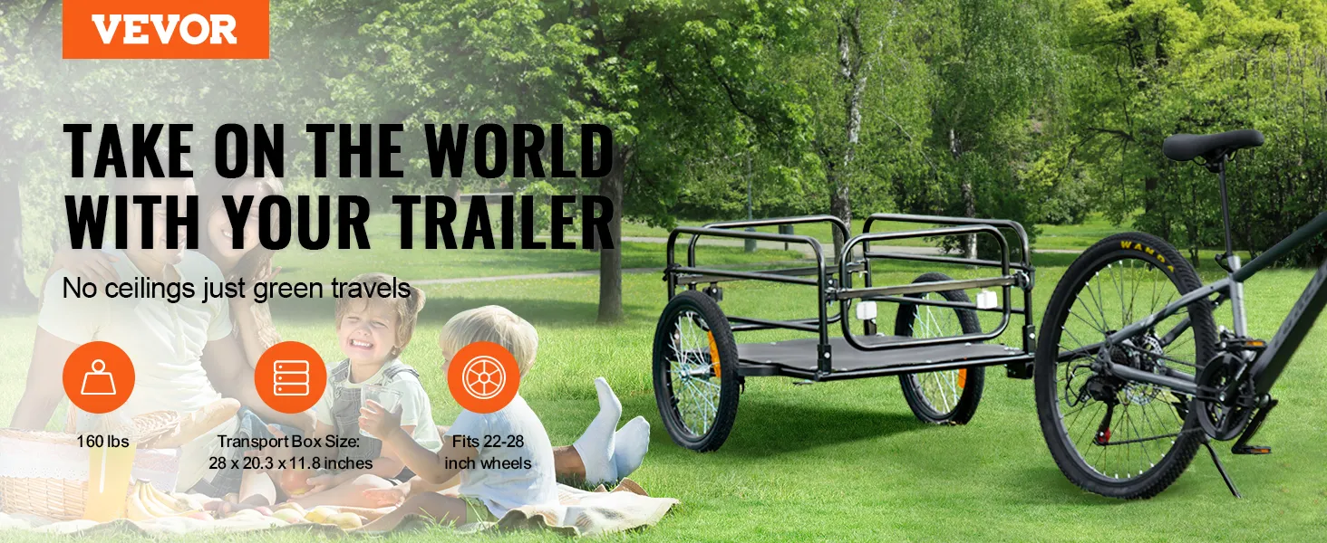 VEVOR-Fahrradanhänger im Park mit der Familie, verfügt über eine Tragkraft von 72,3 kg und ist mit 22-28-Zoll-Rädern kompatibel.