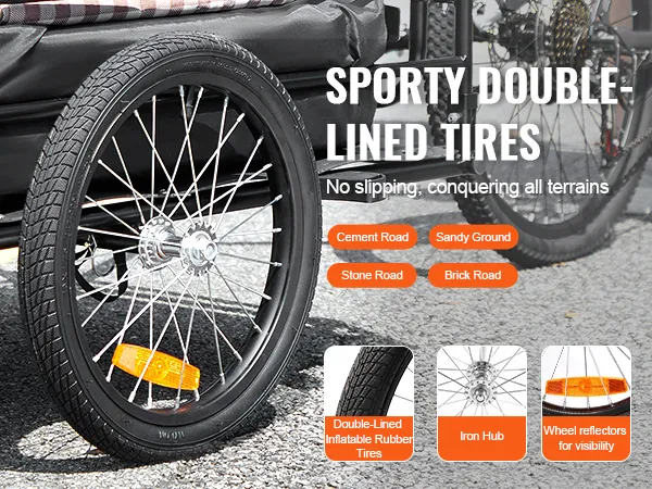 Die sportlichen Doppelreifen des VEVOR-Fahrradanhängers sorgen dafür, dass er auf unterschiedlichem Gelände nicht rutscht.