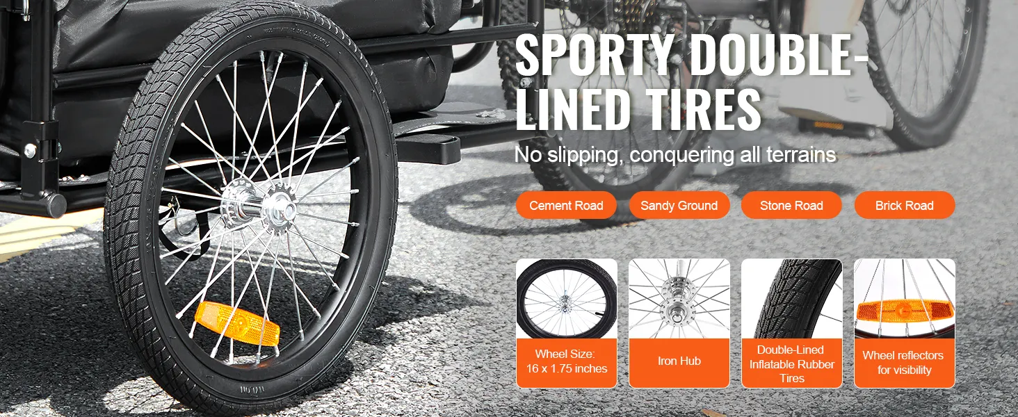 Die sportlichen Doppelreifen des VEVOR-Fahrradanhängers sorgen dafür, dass er auf unterschiedlichem Gelände nicht rutscht.