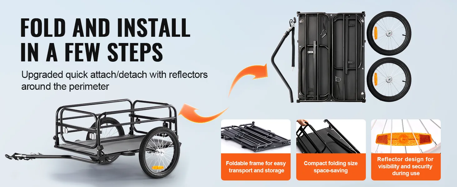 VEVOR-Fahrradanhänger mit faltbarem Rahmen, Schnellanbau/-abnahme und Reflektoren für mehr Sicherheit.