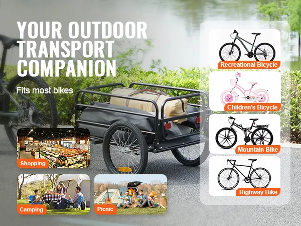 VEVOR-Fahrradanhänger an einem Fahrrad befestigt. Darstellung des beladenen Anhängers und seiner Eignung für verschiedene Fahrradtypen.