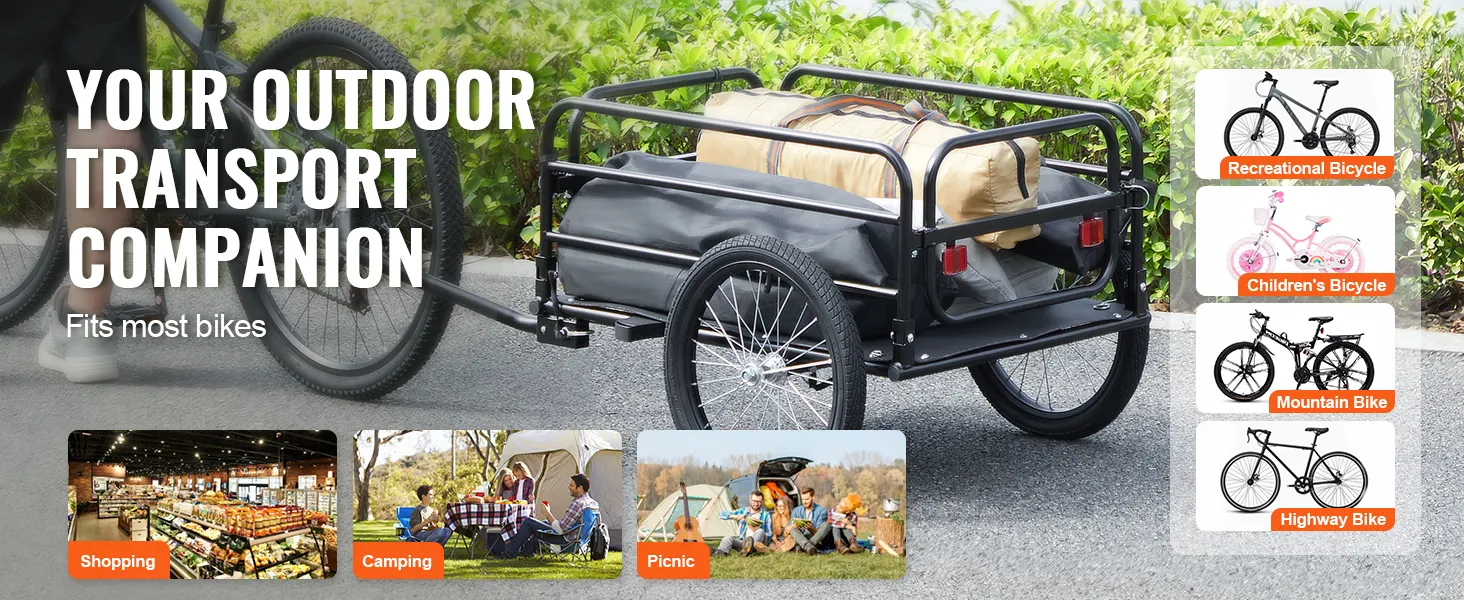 VEVOR-Fahrradanhänger an einem Fahrrad befestigt. Darstellung des beladenen Anhängers und seiner Eignung für verschiedene Fahrradtypen.