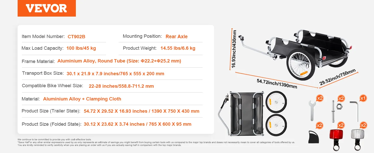 VEVOR bike cargo trailer with 100 lbs capacity, aluminum alloy frame, and foldable design for easy storage.