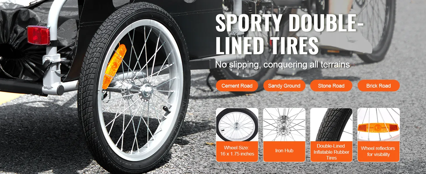 VEVOR bike cargo trailer with sporty double-lined tires, visible wheel reflectors, and durable iron hub.