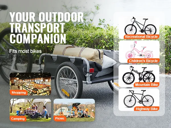 VEVOR bike cargo trailer ideal for shopping, camping, picnics; compatible with various bike types.