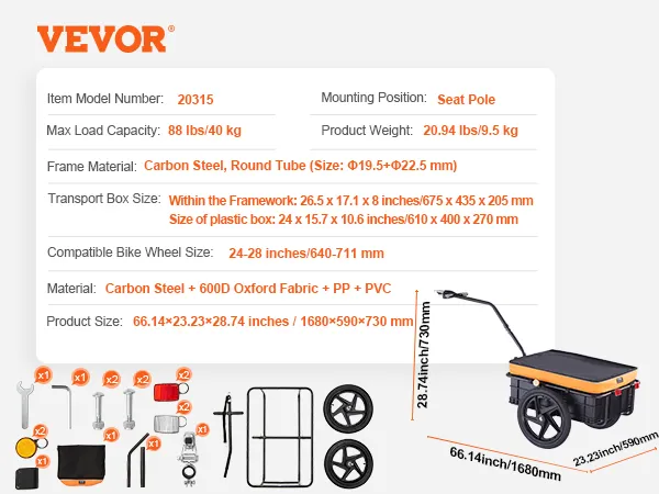 Details van de VEVOR-fietskar met afmetingen, onderdelen en belangrijkste kenmerken.