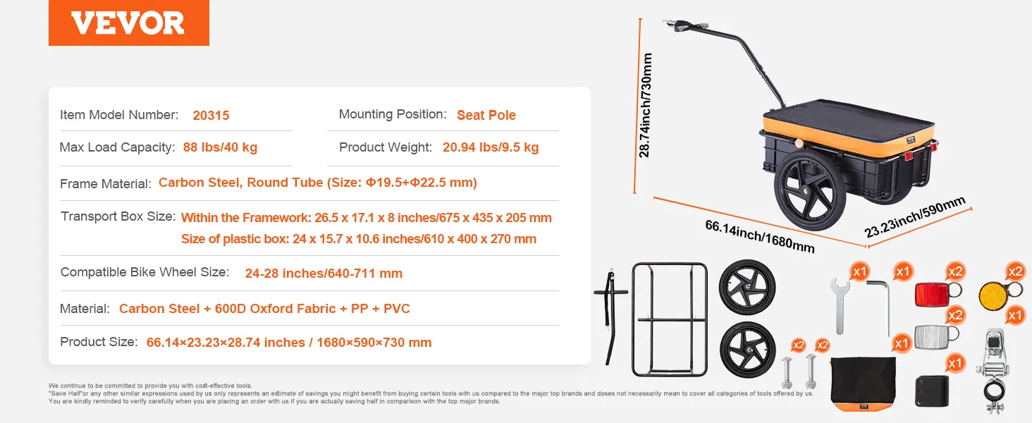 Details van de VEVOR-fietskar met afmetingen, onderdelen en belangrijkste kenmerken.