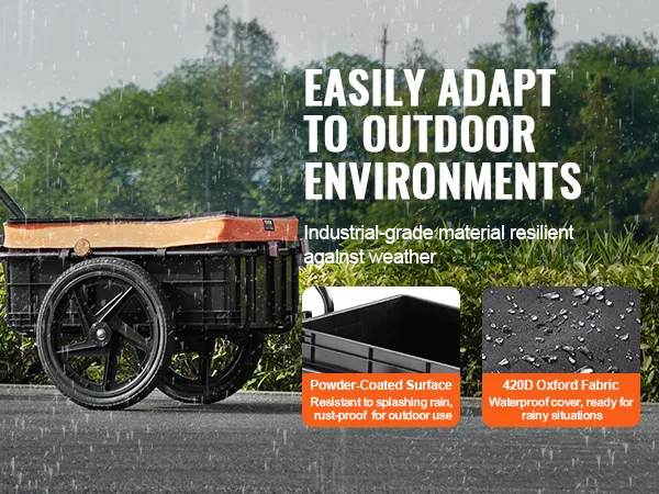 VEVOR fietskar voor in de regen, met waterdichte hoes, gepoedercoat oppervlak en bestand tegen buitengebruik.