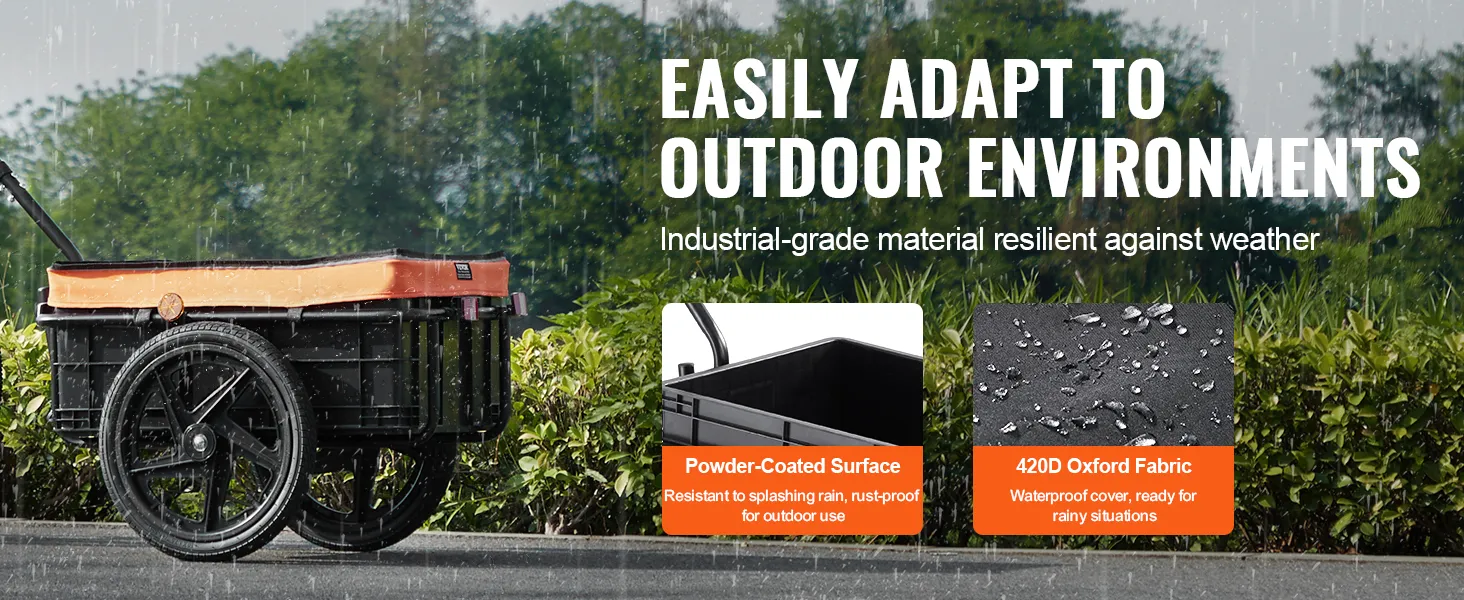 VEVOR fietskar voor in de regen, met waterdichte hoes, gepoedercoat oppervlak en bestand tegen buitengebruik.