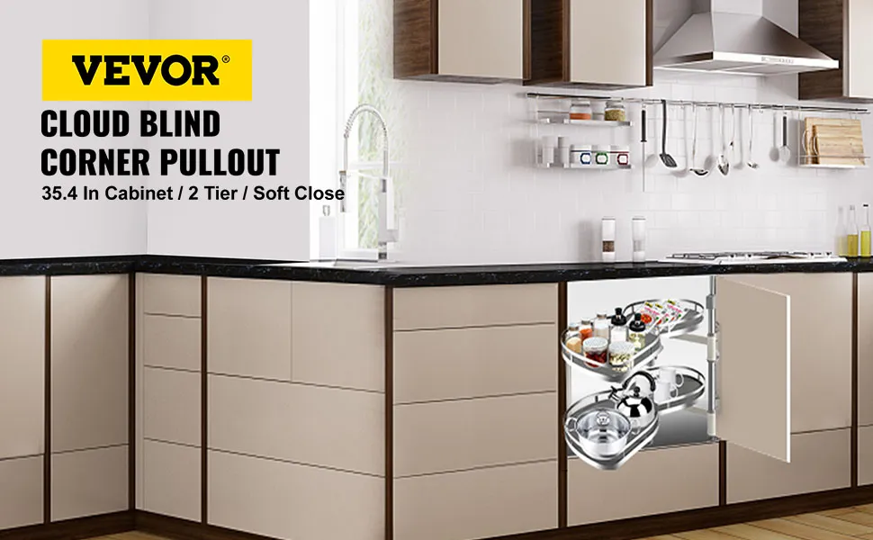 Moderne keuken met VEVOR swing left blind hoekkast die volledig uitschuifbaar is.