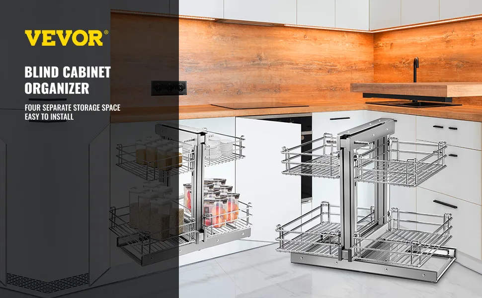 VEVOR blind corner cabinet organizer in modern kitchen with wood finish countertop.