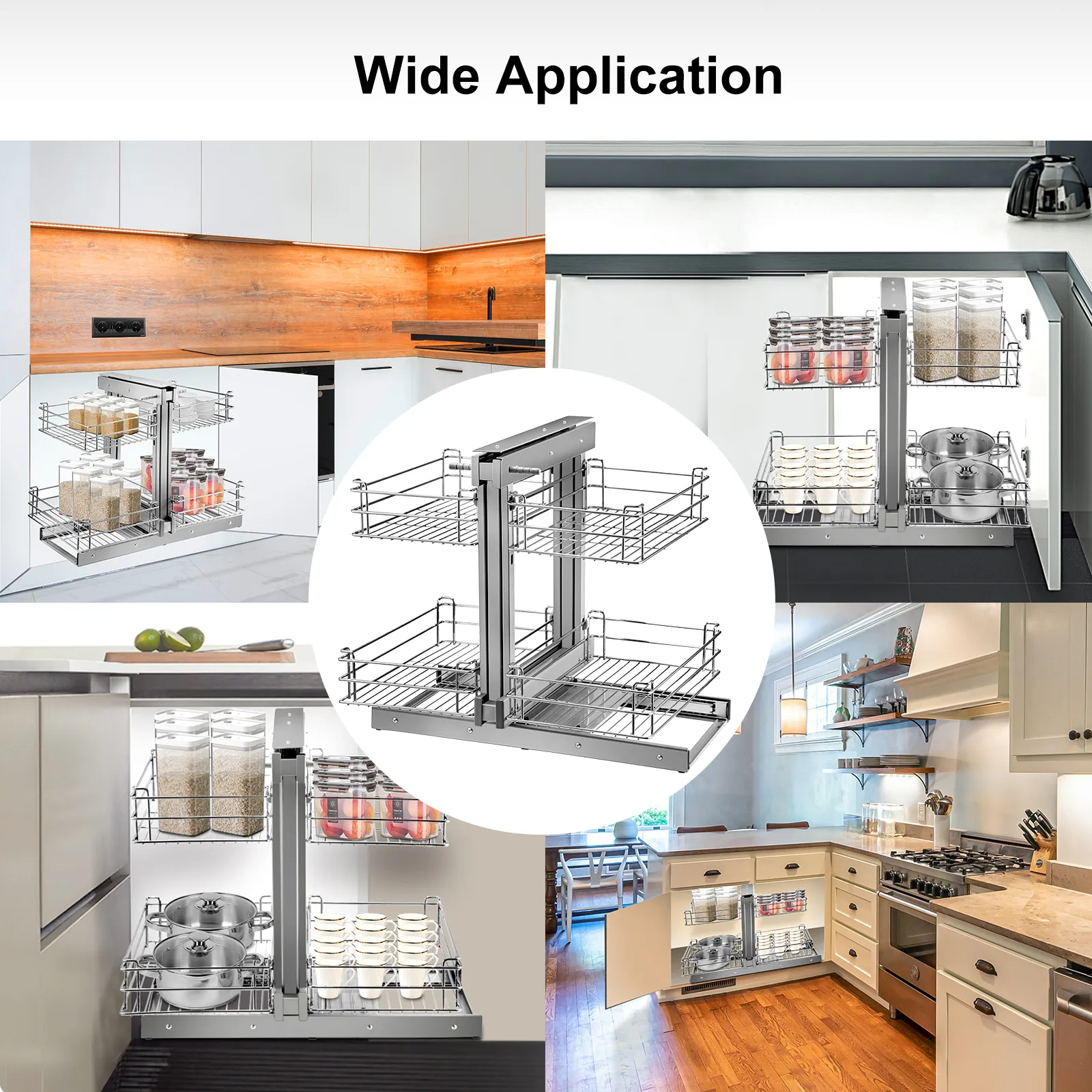 VEVOR blind corner cabinet organizer in various kitchen setups for optimized storage.