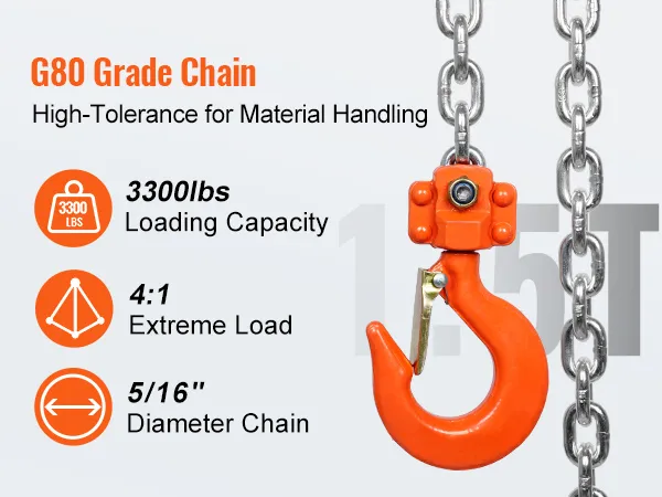 g80 grade chain with 3300lbs capacity on an orange VEVOR manual lever chain hoist for material handling.