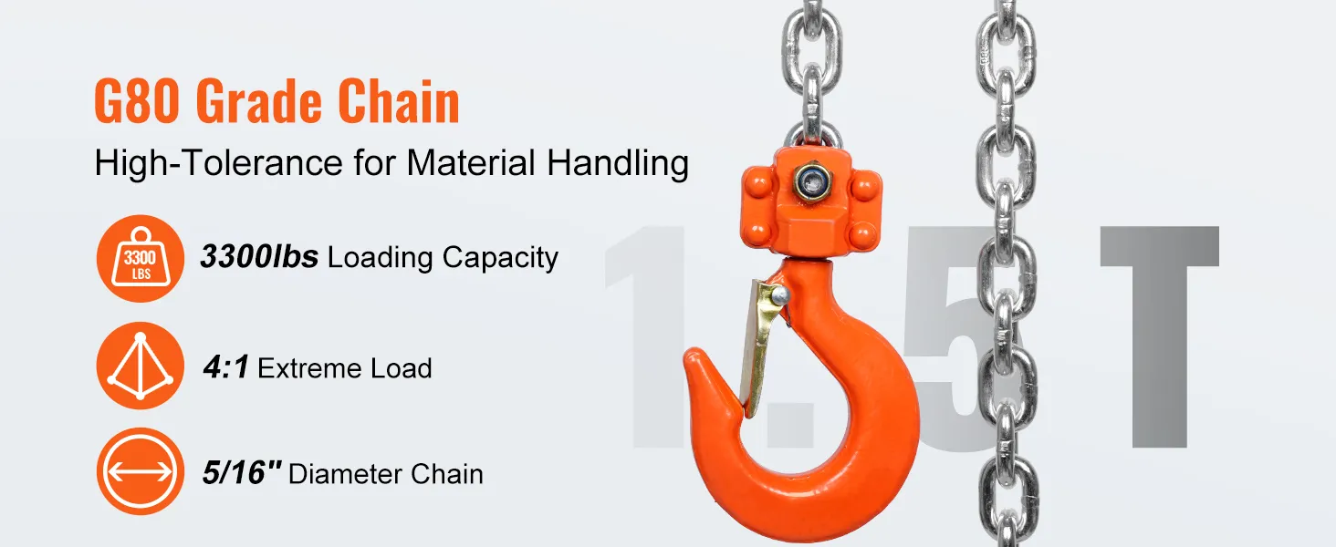 g80 grade chain with 3300lbs capacity on an orange VEVOR manual lever chain hoist for material handling.