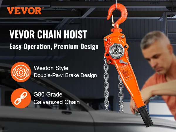 VEVOR manual lever chain hoist in action with weston style brake design and g80 grade galvanized chain.