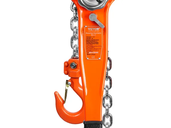 Polipasto de cadena manual VEVOR naranja con gancho resistente y cadenas metálicas.