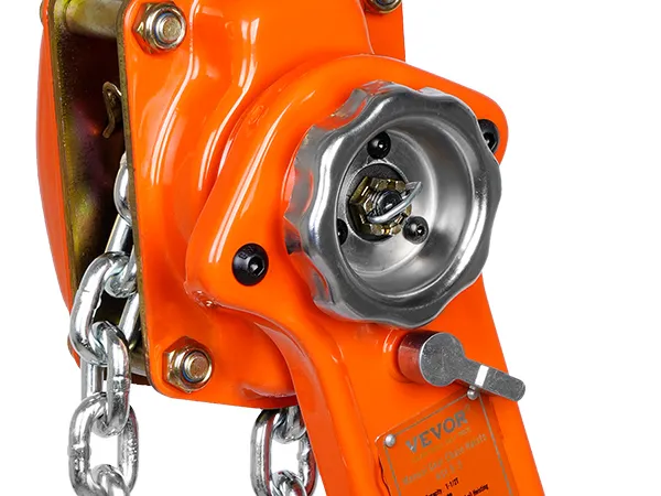 orange VEVOR manual lever chain hoist in close-up, showcasing metallic components and chains.