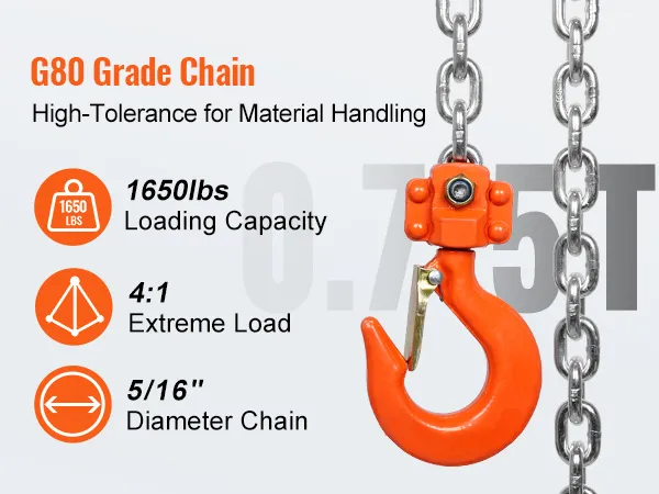 g80 grade chain hoist with 1650lbs loading capacity, 4:1 extreme load, 5/16" chain diameter for material handling.