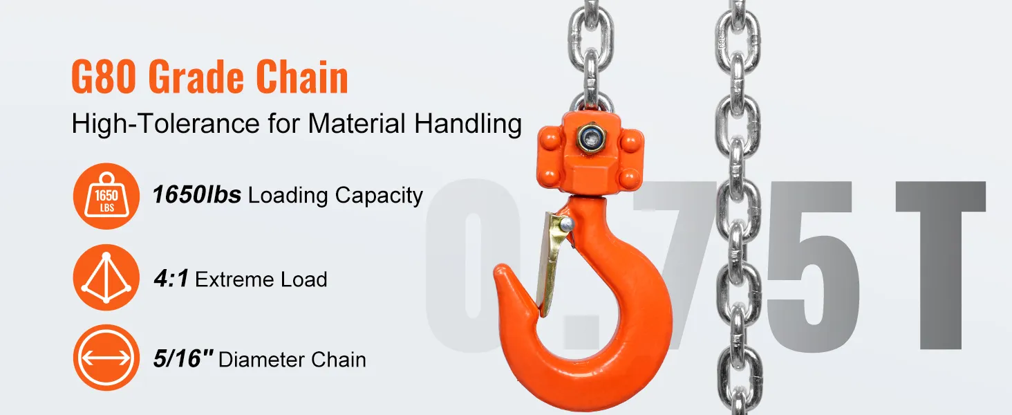 g80 grade chain hoist with 1650lbs loading capacity, 4:1 extreme load, 5/16" chain diameter for material handling.