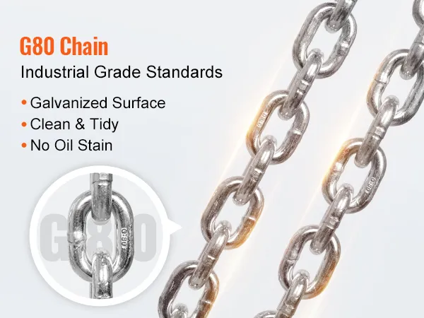 g80 chain with galvanized surface, clean and tidy, no oil stain. industrial grade standards. VEVOR chain hoist.