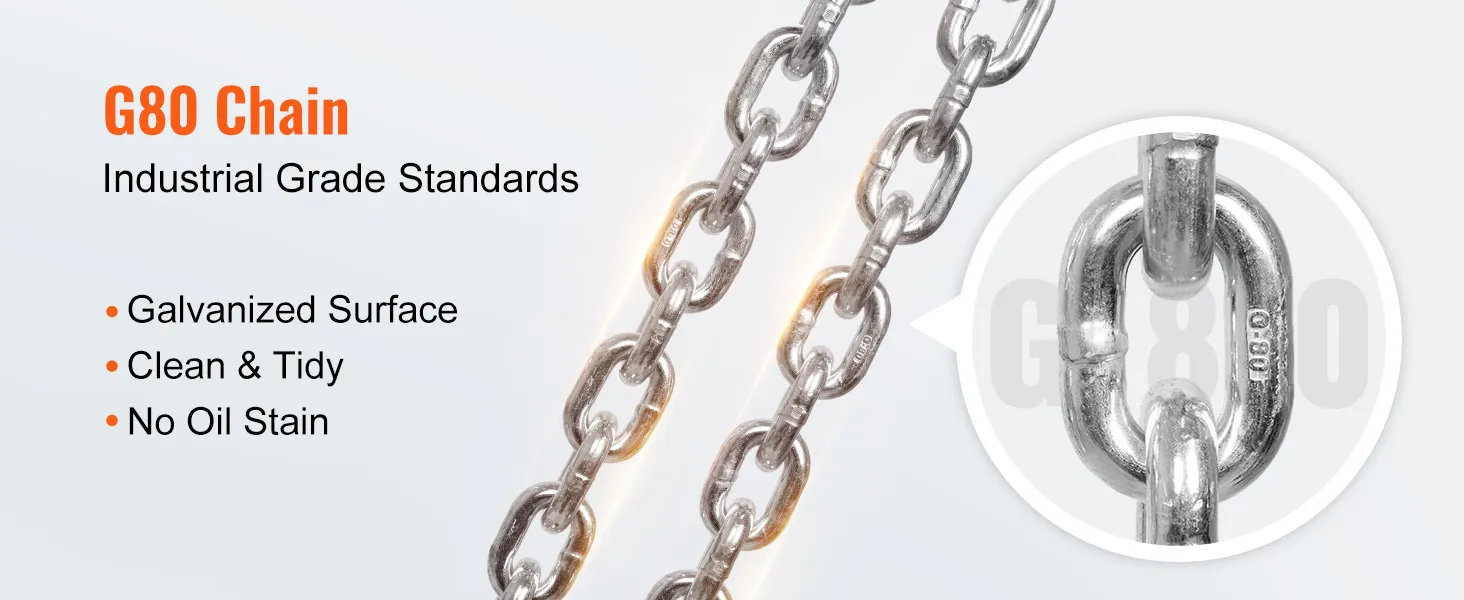 g80 chain with galvanized surface, clean and tidy, no oil stain. industrial grade standards. VEVOR chain hoist.