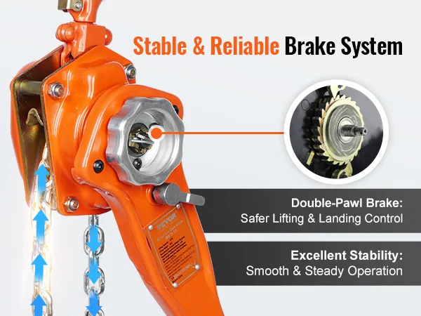 orange VEVOR chain hoist with stable brake system and double-pawl brake for reliable operation.