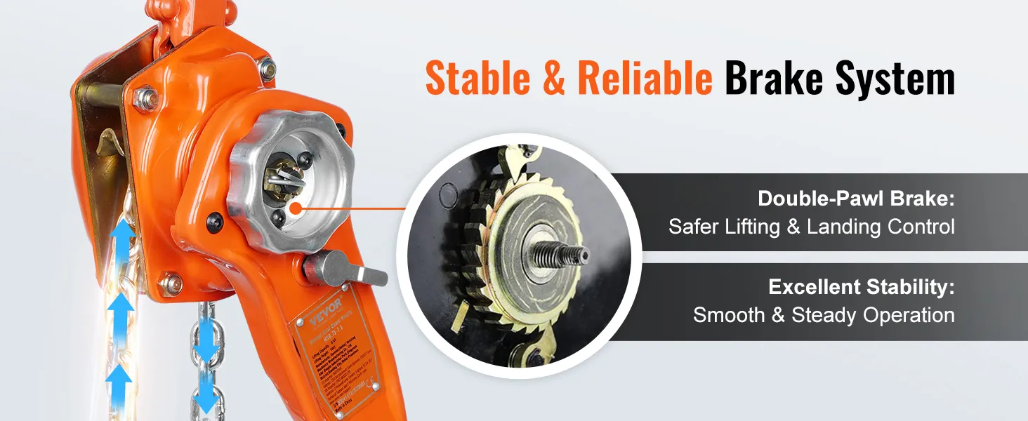 orange VEVOR chain hoist with stable brake system and double-pawl brake for reliable operation.
