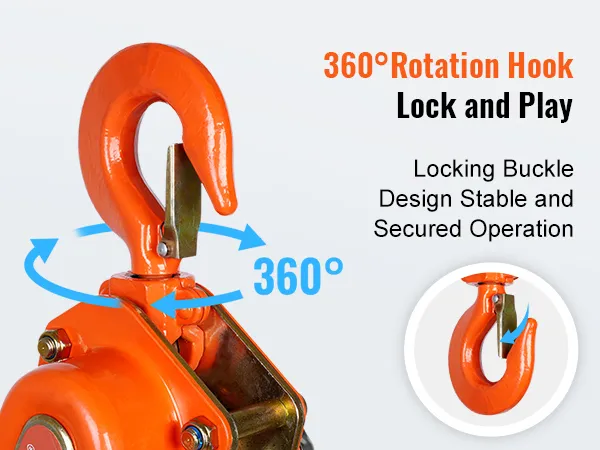 VEVOR chain hoist with 360° rotation hook and secure locking buckle for stable operation.