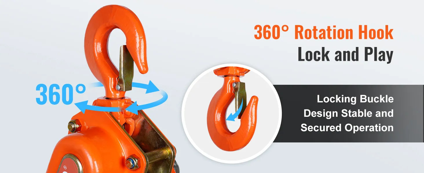 VEVOR chain hoist with 360° rotation hook and secure locking buckle for stable operation.