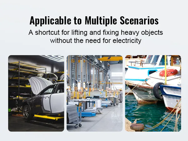 VEVOR chain hoist used in automotive garage, industrial warehouse, marine dock, and storage facility.