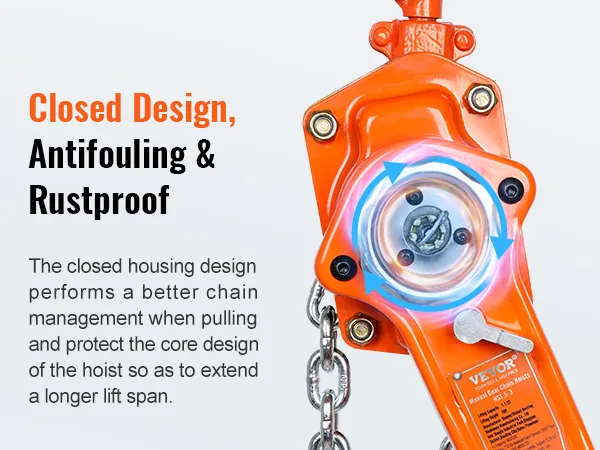 closed design, antifouling, rustproof VEVOR chain hoist with better chain management and protection.