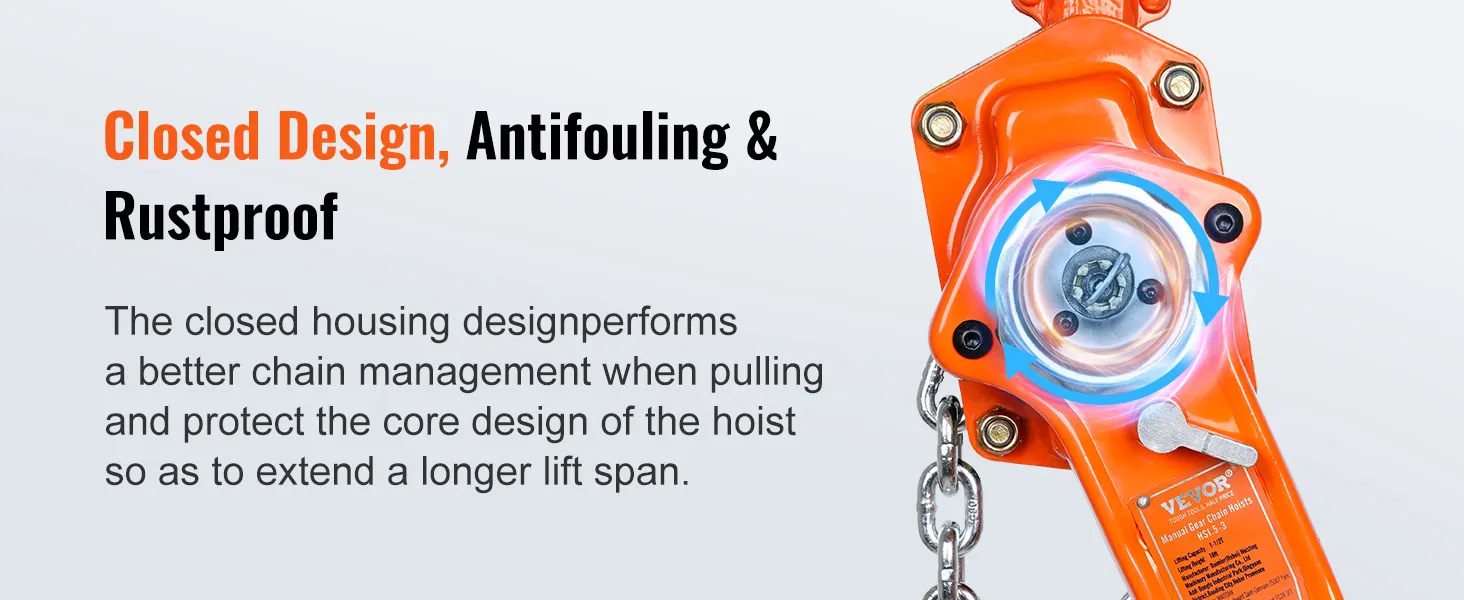 closed design, antifouling, rustproof VEVOR chain hoist with better chain management and protection.