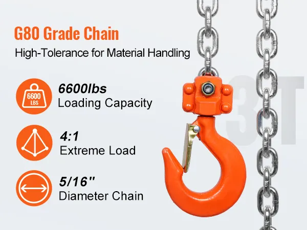g80 chain with 6600lbs capacity, 4:1 extreme load, and 5/16" diameter for VEVOR manual lever chain hoist.