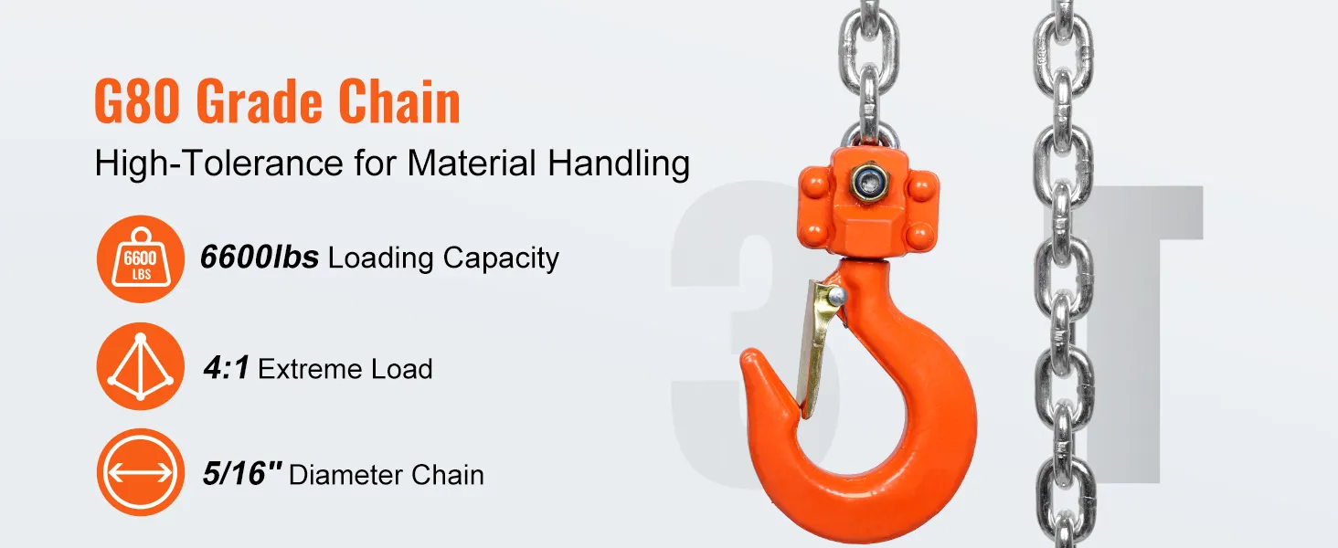 g80 chain with 6600lbs capacity, 4:1 extreme load, and 5/16" diameter for VEVOR manual lever chain hoist.