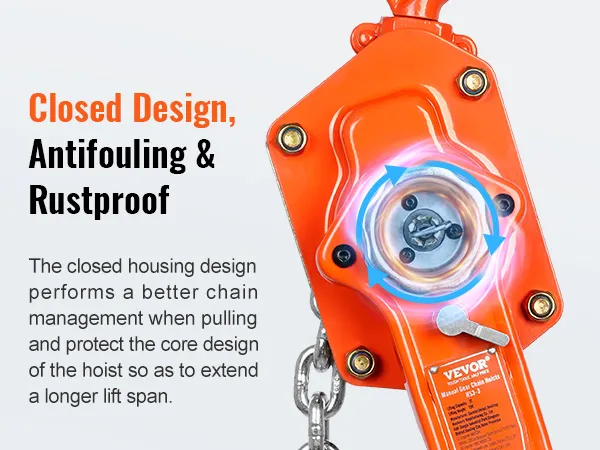 VEVOR manual lever chain hoist with closed design, antifouling, and rustproof features.