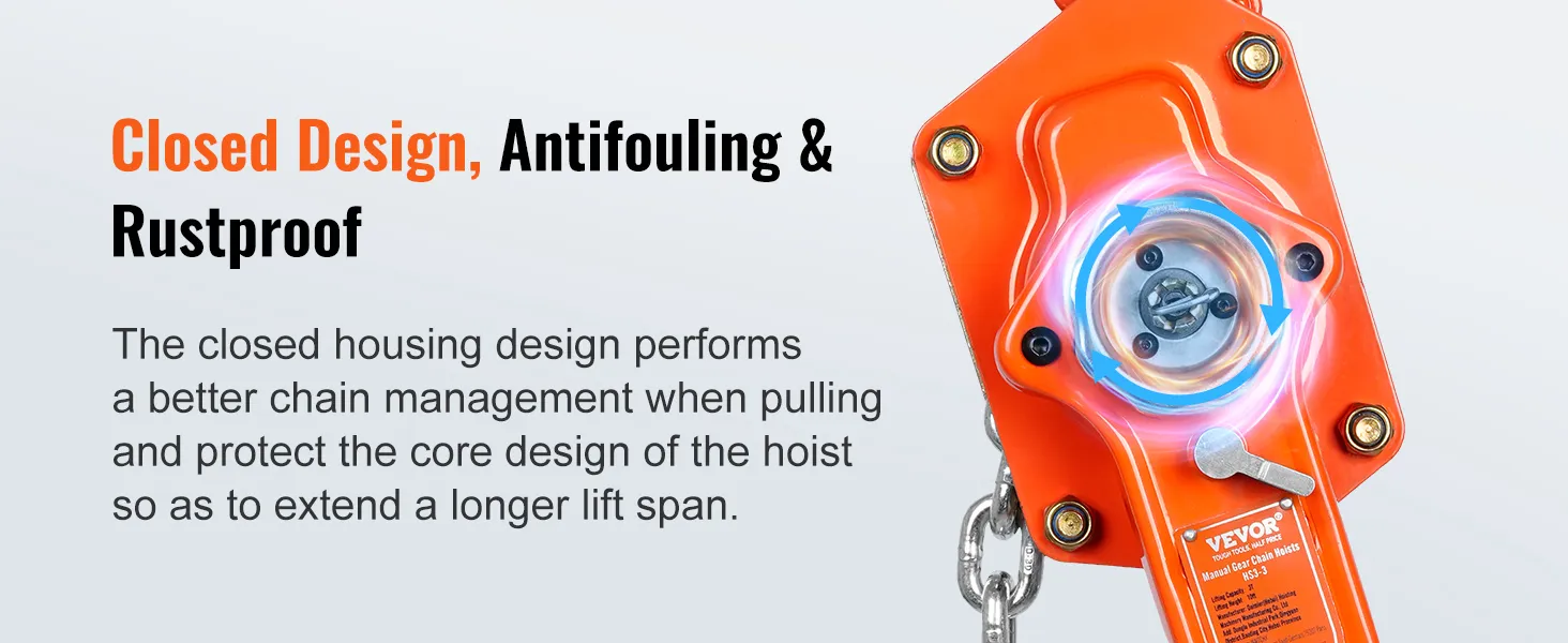 VEVOR manual lever chain hoist with closed design, antifouling, and rustproof features.